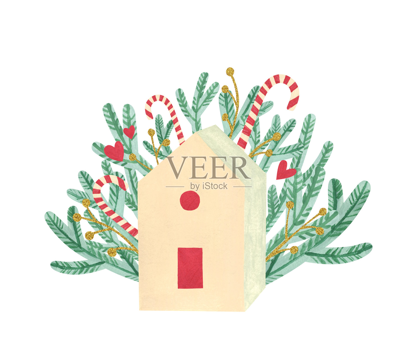家温馨家圣诞卡设计。用金色的浆果、松枝、糖果和心形手绘的房子。设计元素图片