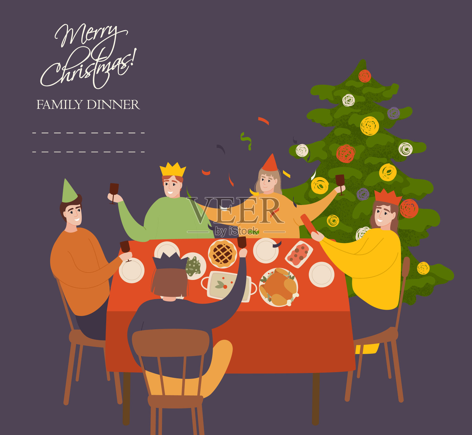 家庭晚宴。家庭晚宴海报。和家人一起吃圣诞晚餐。明亮的彩色明信片。感恩节。矢量图设计模板素材