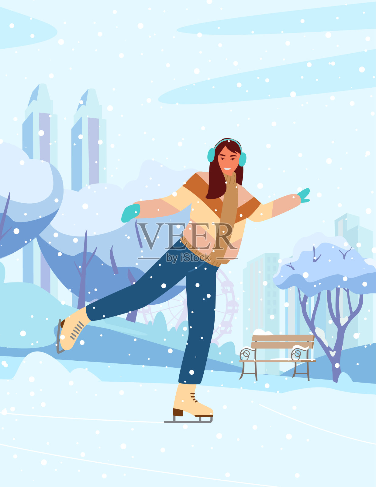 年轻女子滑冰在冬季公园溜冰场插画图片素材