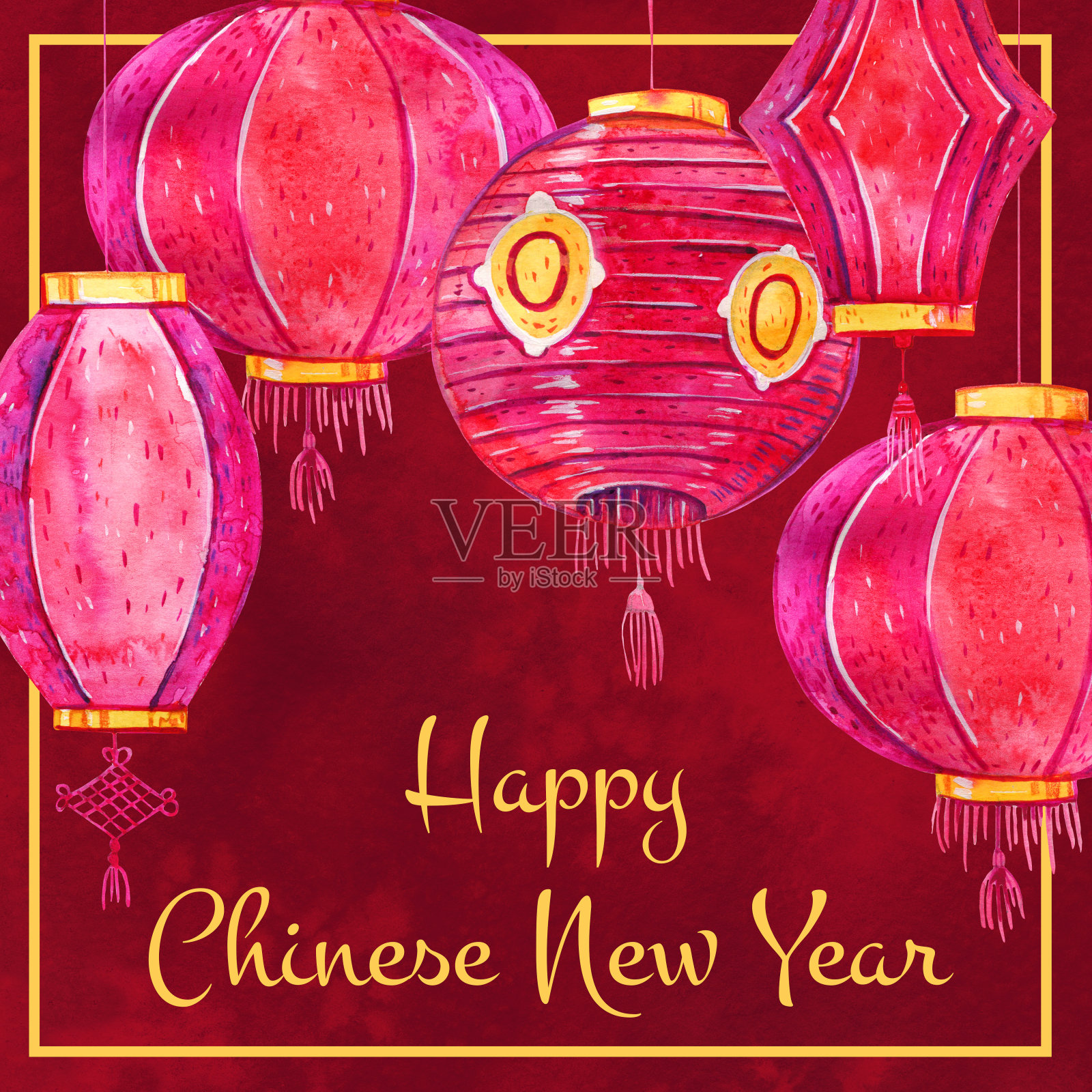 中国新年设计模板与传统的纸灯笼。手绘水彩素描插图在红色的背景插画图片素材