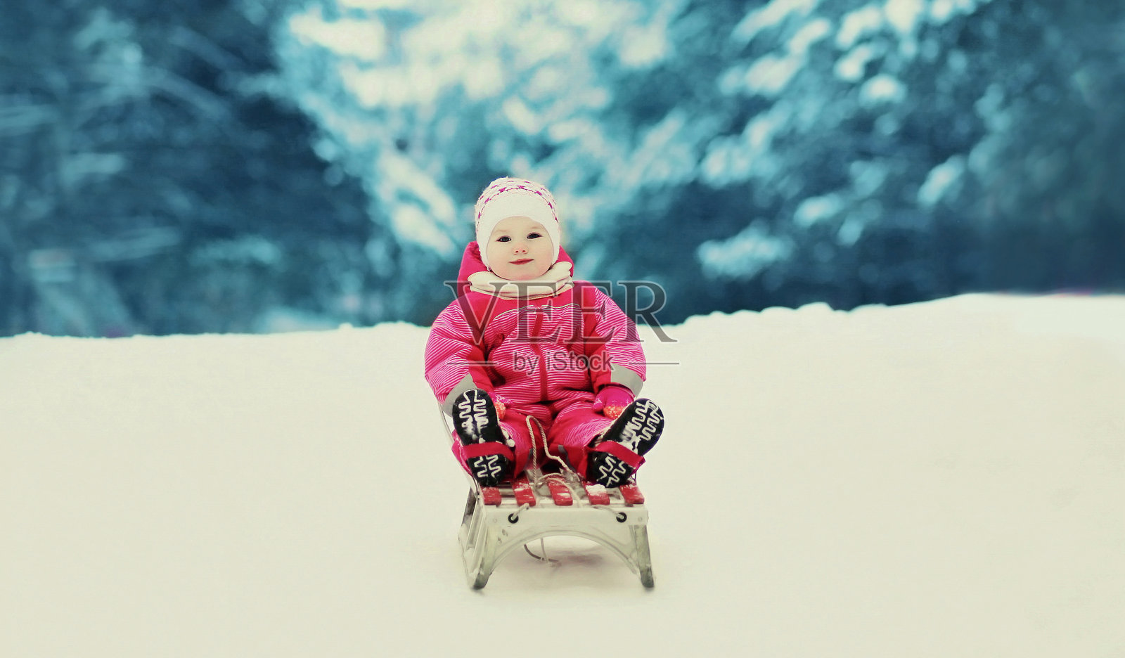 在冬日里，一个孩子在森林里滑雪照片摄影图片