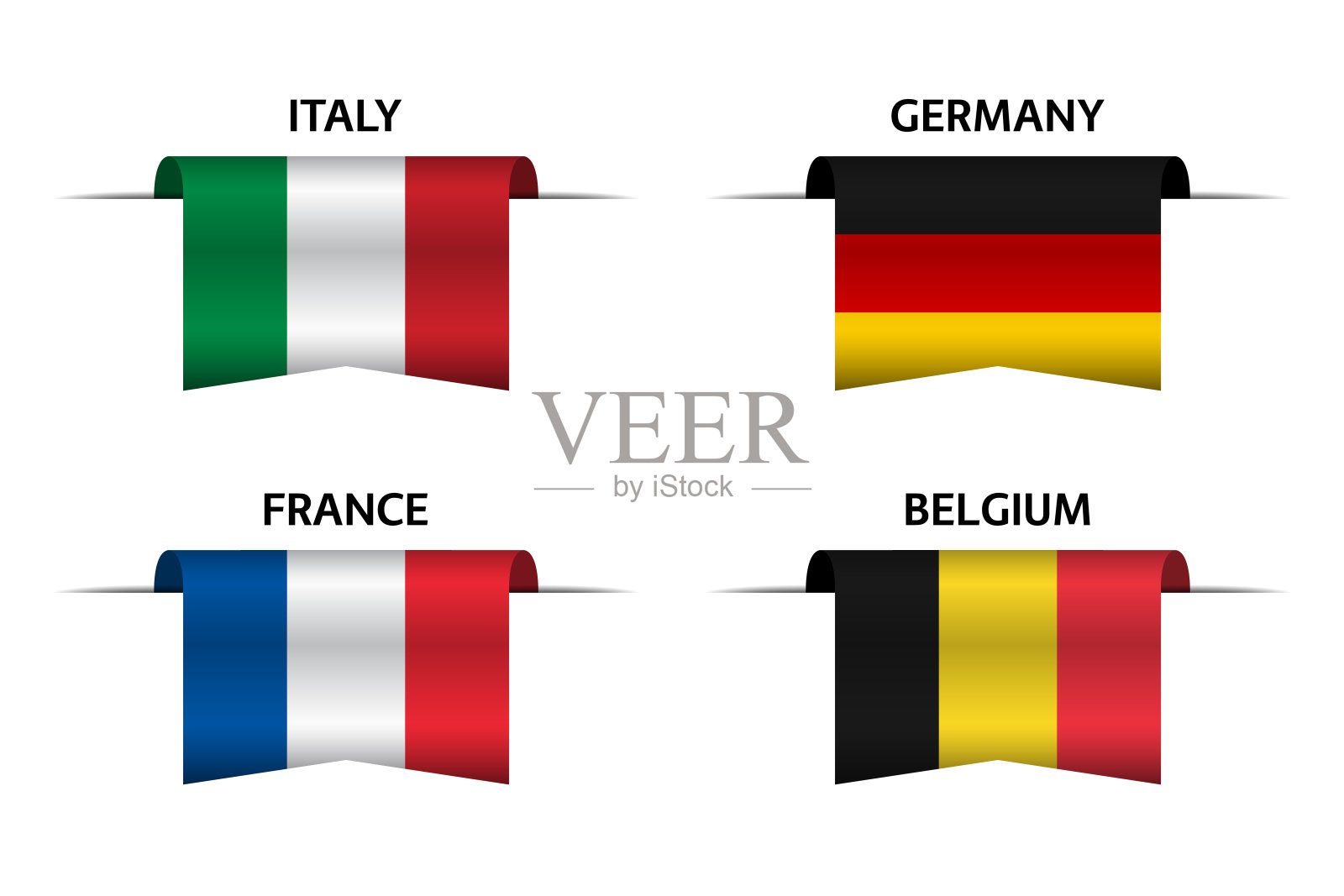 四套意大利，德国，比利时和法国国旗丝带。意大利制造、法国制造、德国制造和比利时制造的贴纸和标签。带有旗帜的矢量简单图标设计元素图片