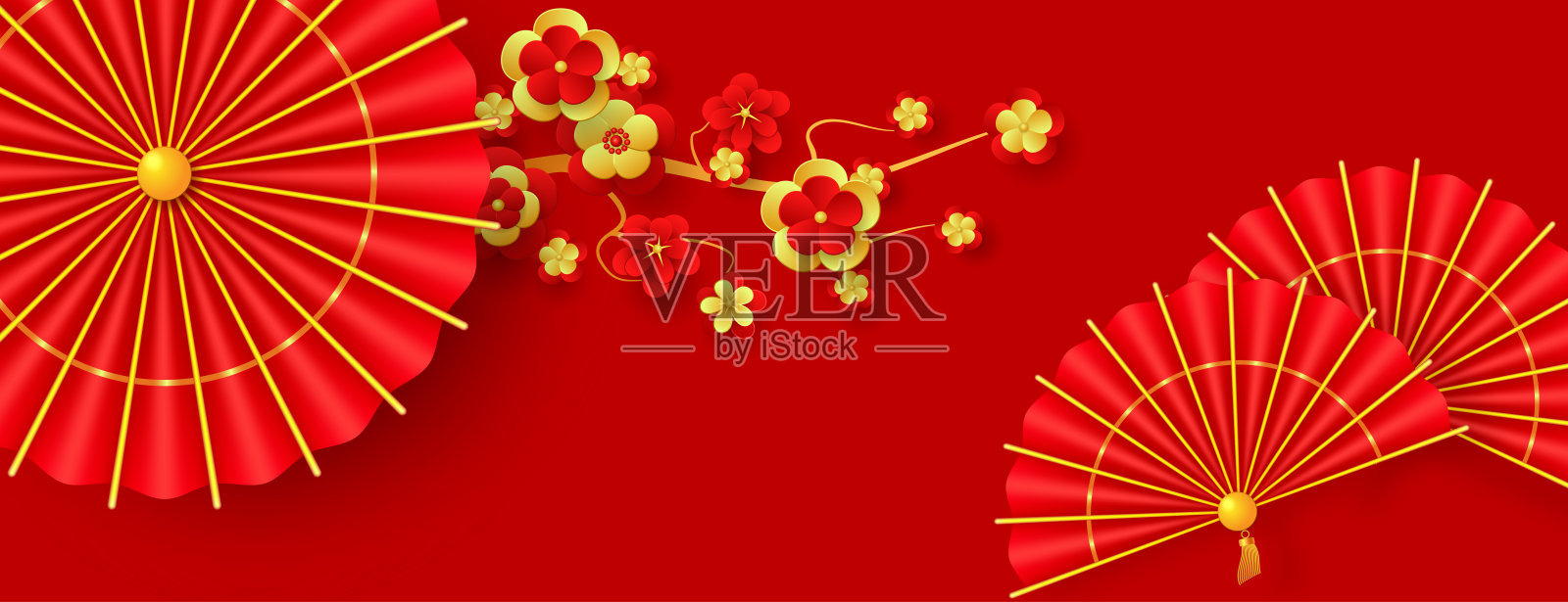 东方节日农历新年。红色和金色的纸扇和传统的红色雨伞。东方节日农历新年的装饰。插画图片素材