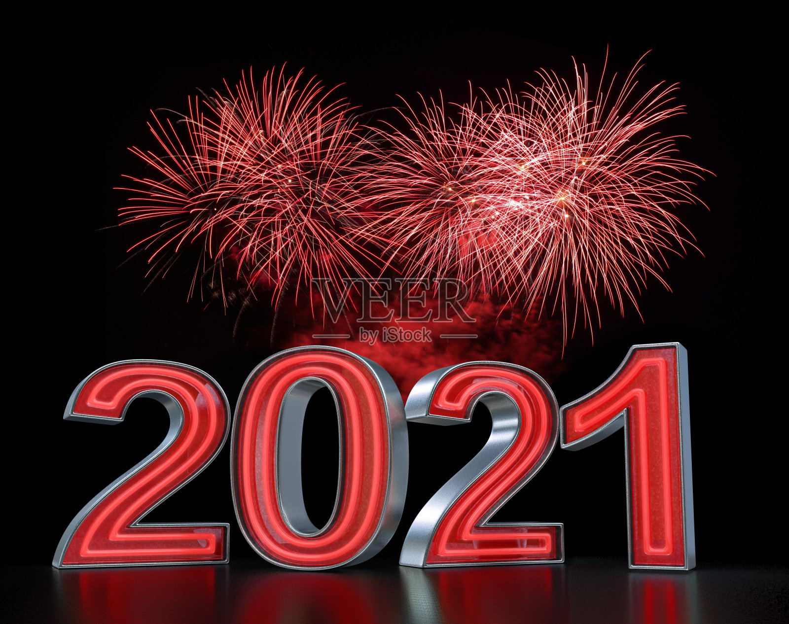 红色霓虹与烟花迎接2021年新年照片摄影图片