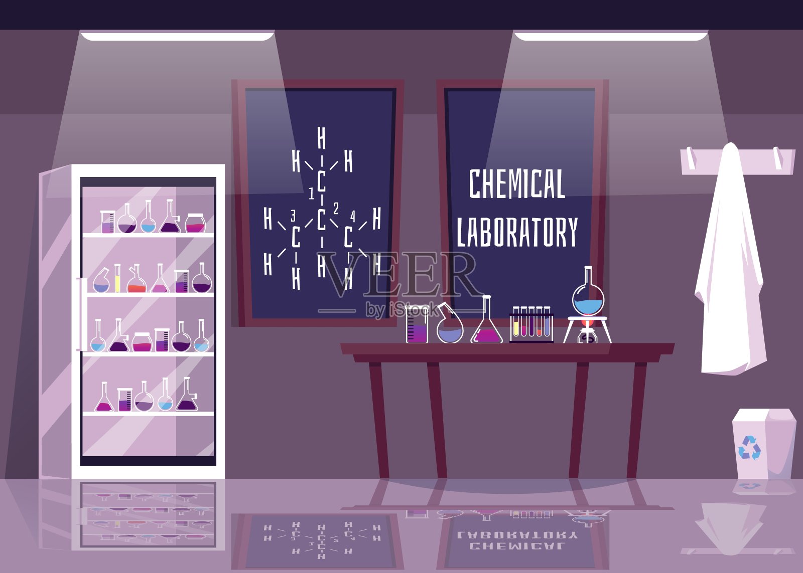化学实验室内部与设备和玻璃器皿矢量插图。插画图片素材