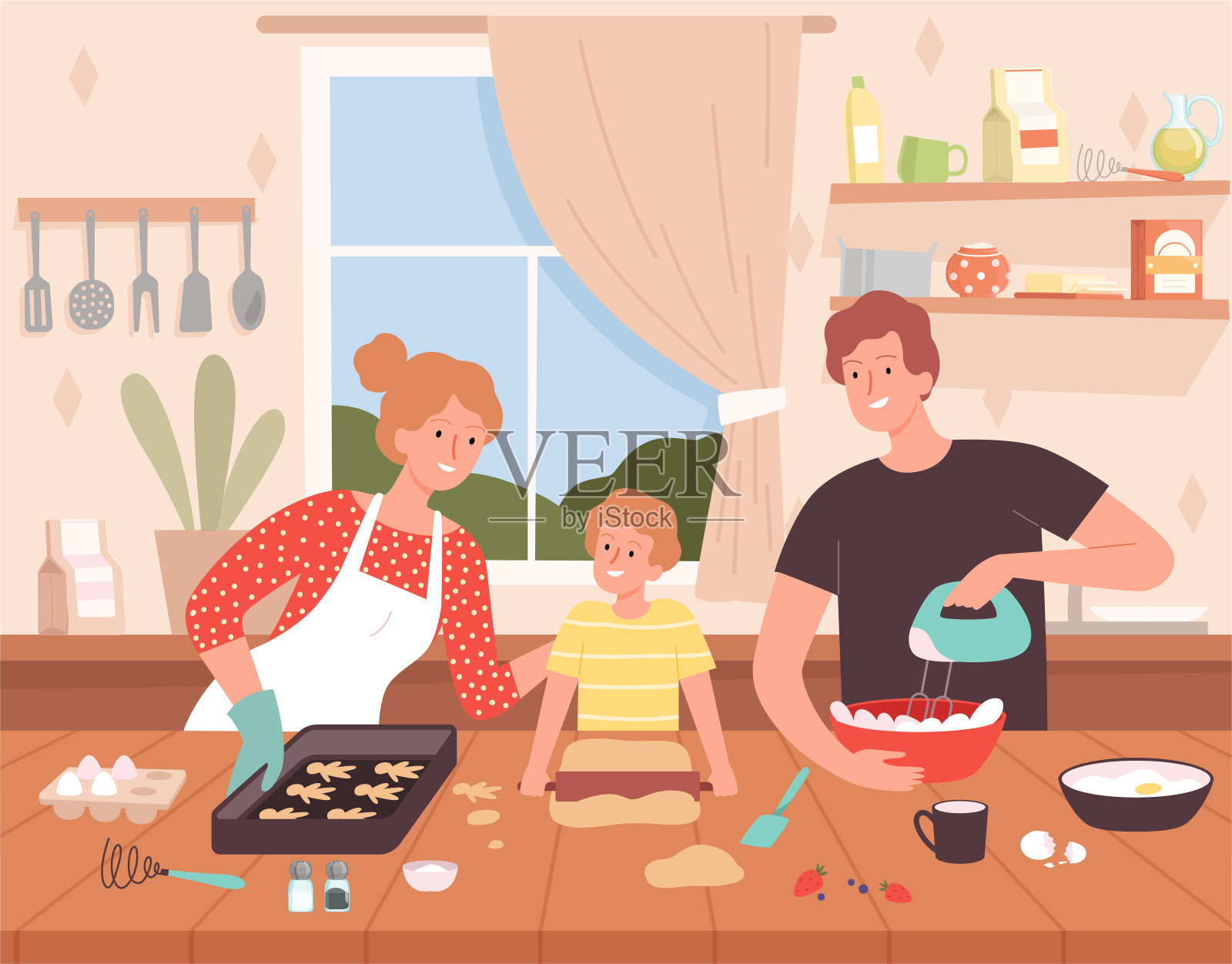 在厨房准备食物。卡通背景与幸福的家庭人物制作美味的产品厨师烘焙矢量插画图片素材