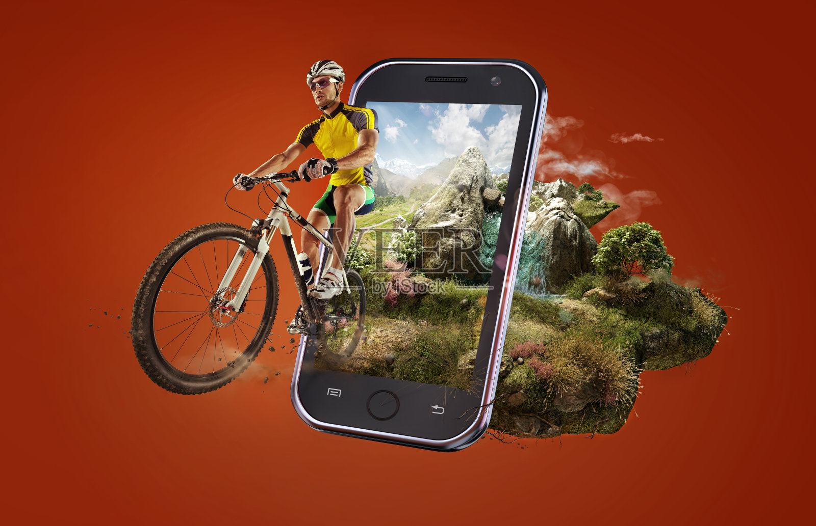 运动。骑自行车的人通过智能手机在日落的开阔的绿色道路上骑自行车。3d渲染babyroad与魔术景观。照片摄影图片
