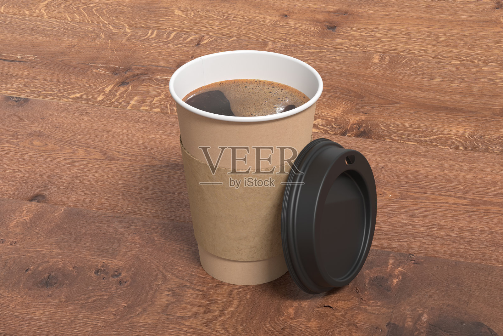 硬纸板带走咖啡纸杯模型与打开的黑色盖与holder在木制背景。照片摄影图片