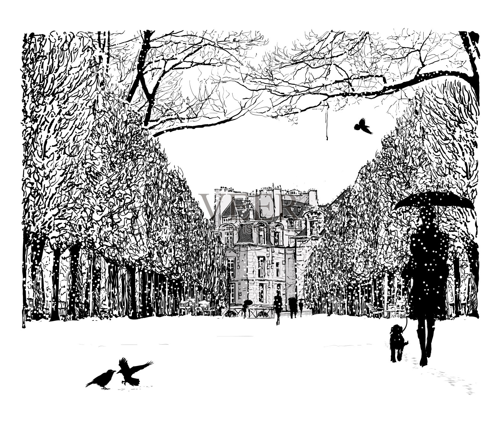 想象的城市景观在雪下透视插画图片素材