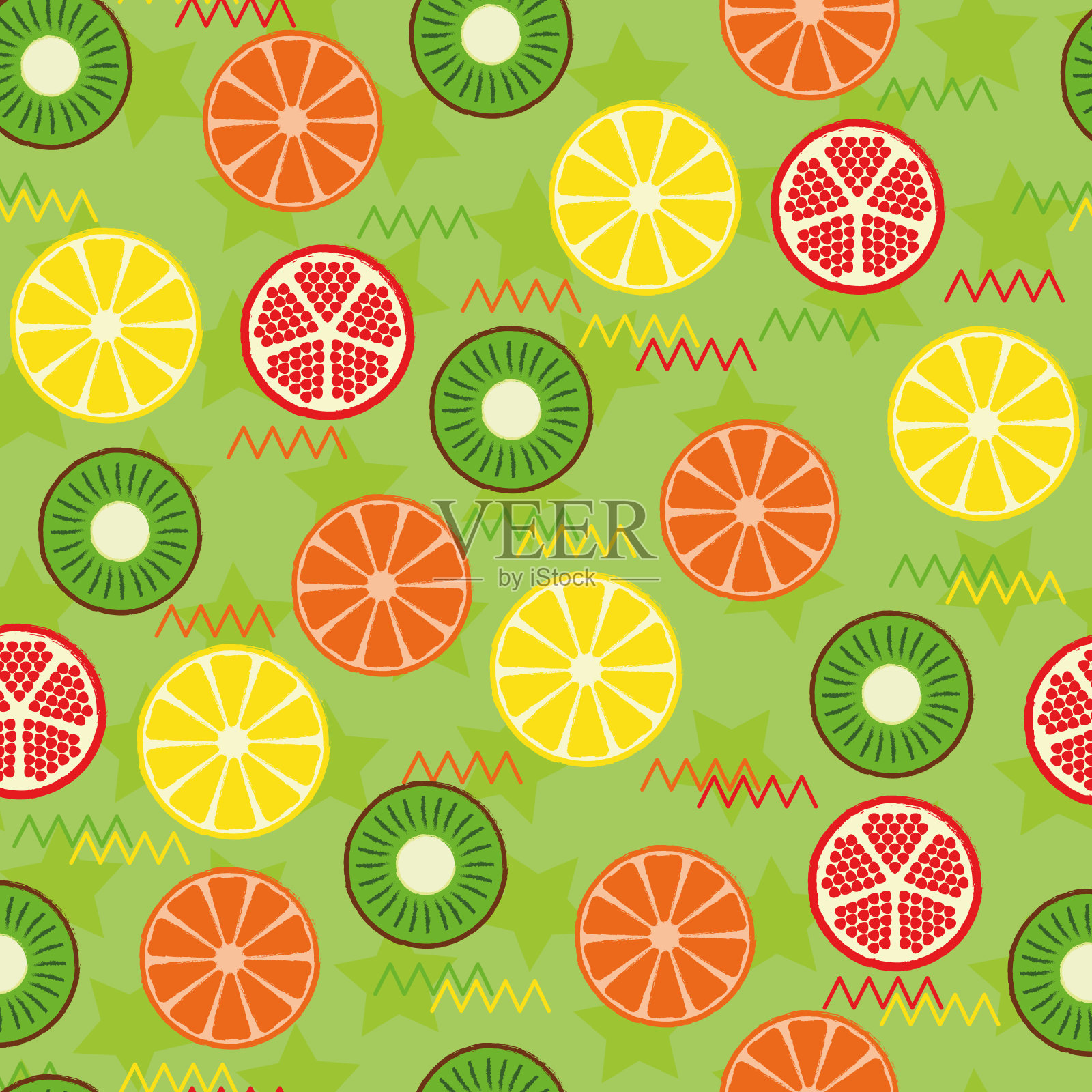 橙柠檬，猕猴桃图案。背景有多汁的水果。水果无缝模式。矢量插图。插画图片素材