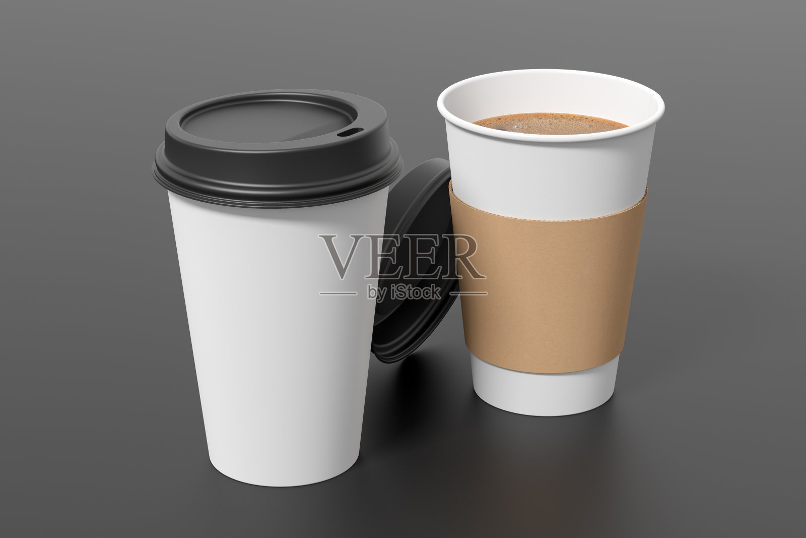 两个白色带走咖啡纸杯模仿与黑色的盖子在黑色的背景。可打开(带支架)和封闭的一次性杯子。照片摄影图片