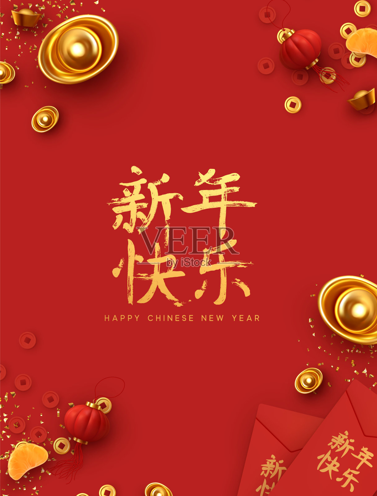 中国新年。传统节日农历新年，春节设计。带有真实元素的红色背景。中国的节日食品，寓意吉祥。家庭时间。平面俯视图设计模板素材