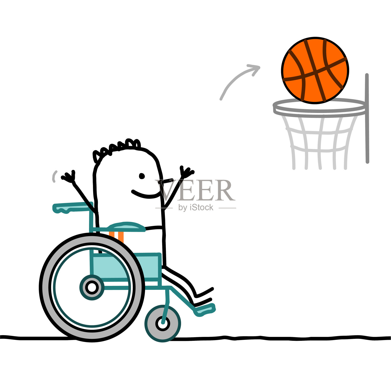 卡通残疾男孩坐在轮椅上打篮球插画图片素材