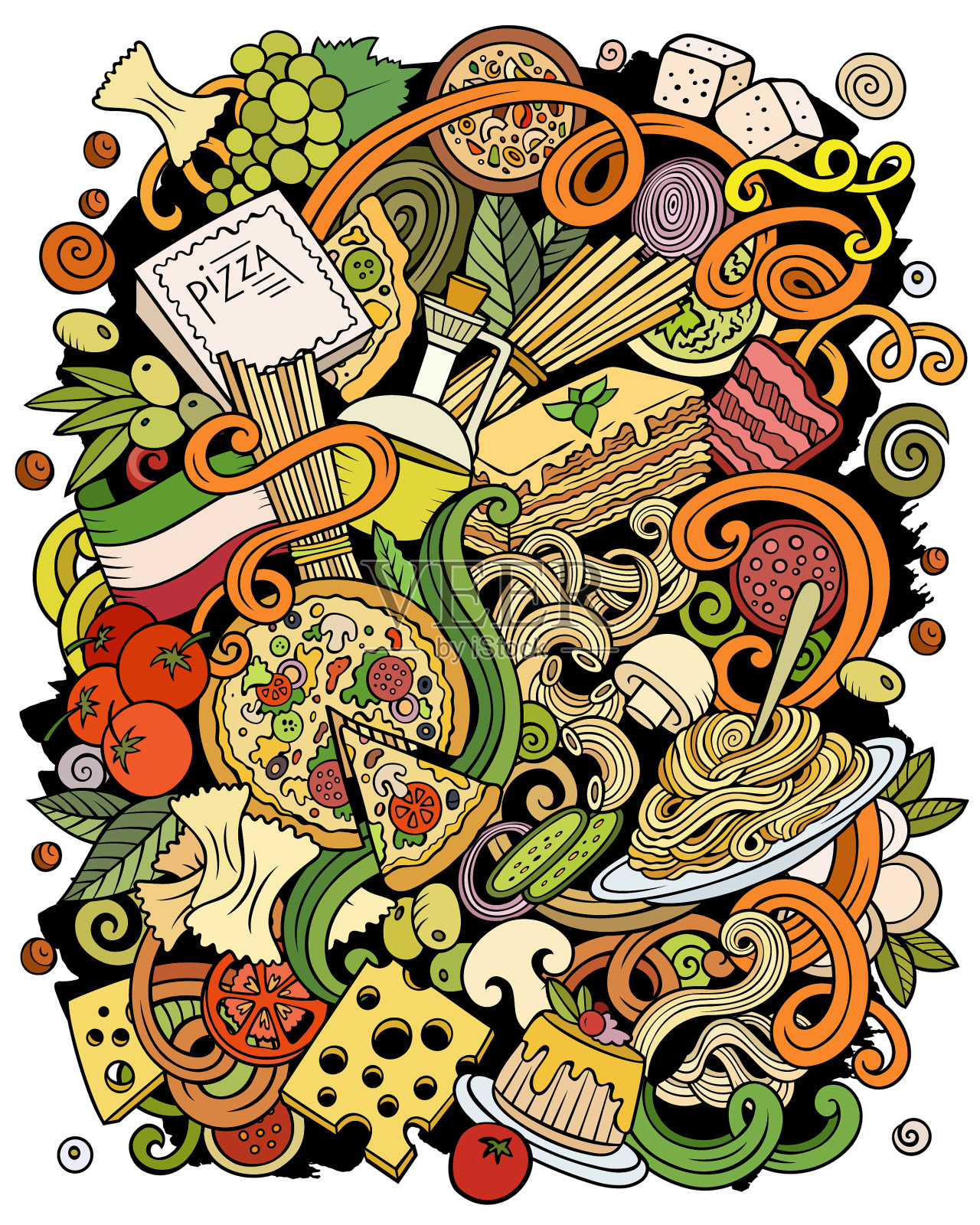 卡通涂鸦意大利食物有趣插画图片素材