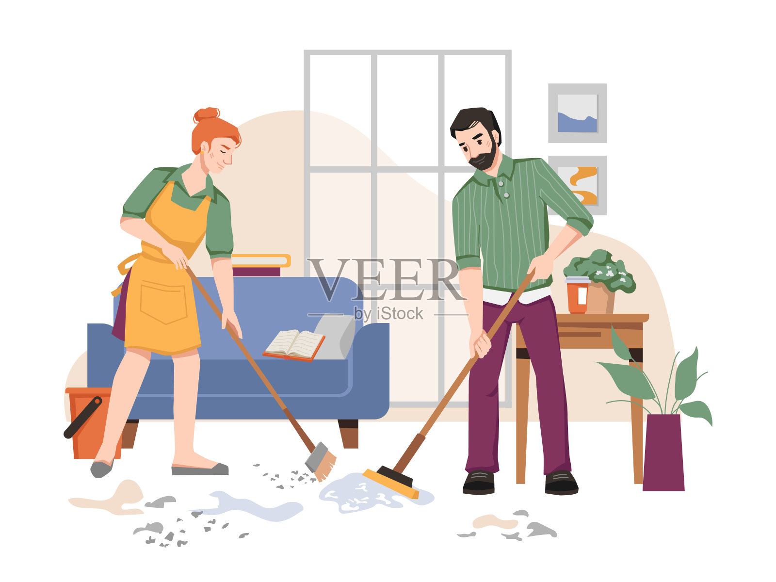 几个人在屋里打扫和清洗地板，房间内部有沙发，桌子和花盆里的植物，窗户。矢量夫妻做家务家务，打扫公寓房间插画图片素材