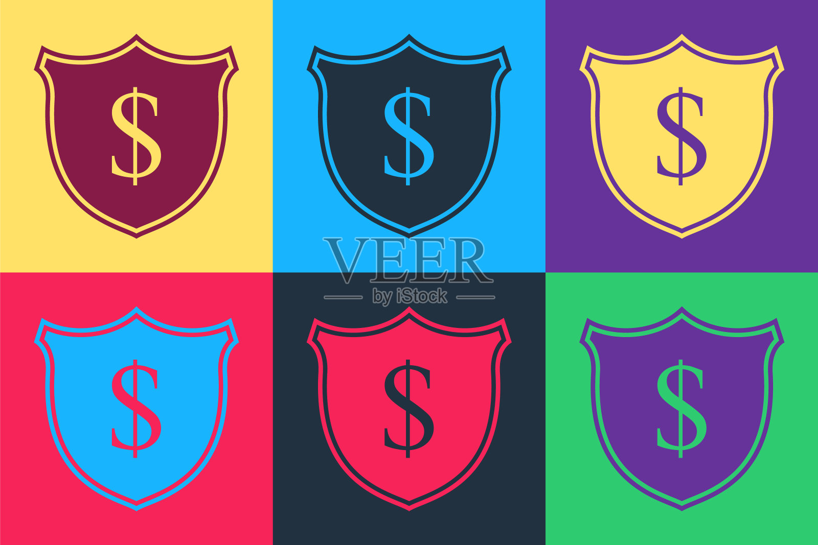 波普艺术盾牌和美元图标孤立的颜色背景。安全罩保护。资金安全的概念。向量插画图片素材
