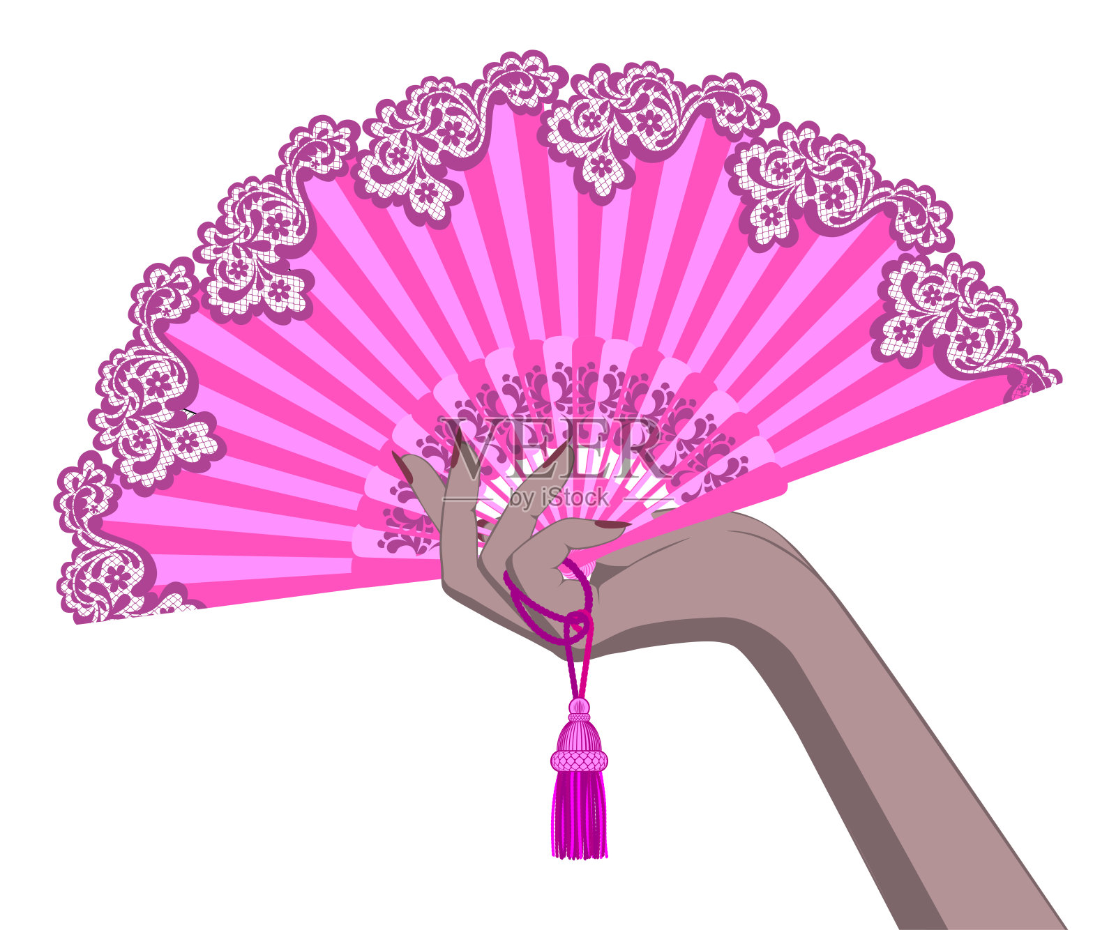 女性手与一个粉红色的打开扇孤立在白色设计元素图片
