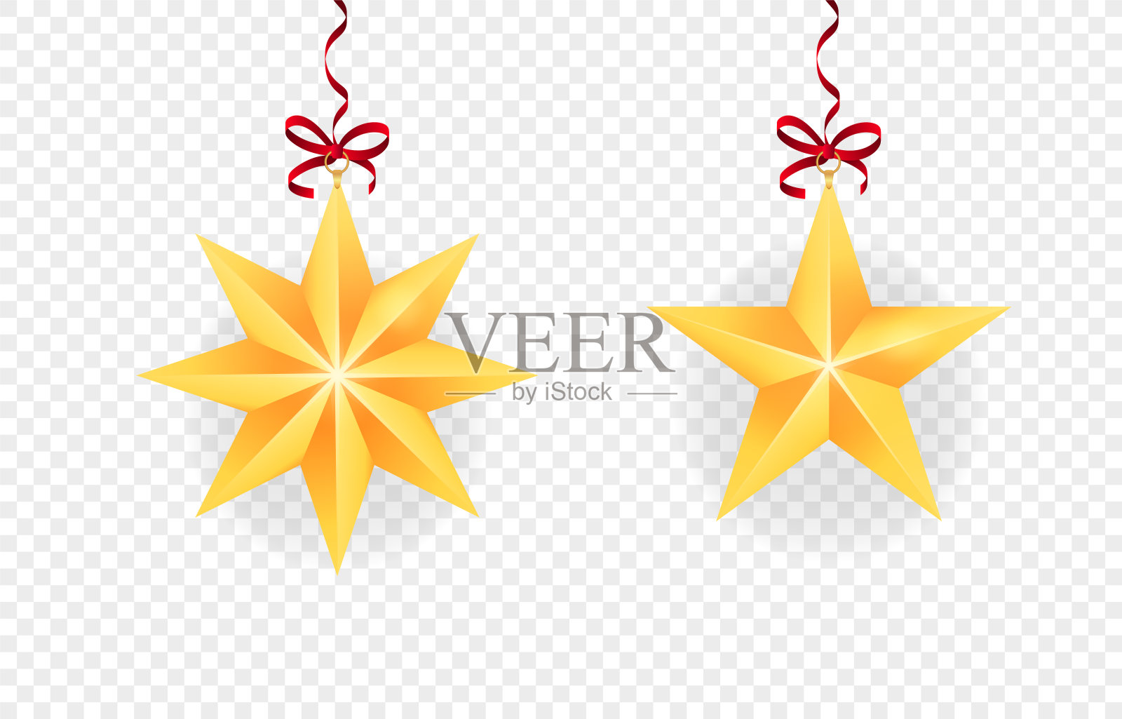 一套闪亮的金色星星形状的圣诞树玩具。逼真的金色圣诞星。圣诞树挂架上的金色圣诞装饰，背景颜色柔和。向量设计元素图片