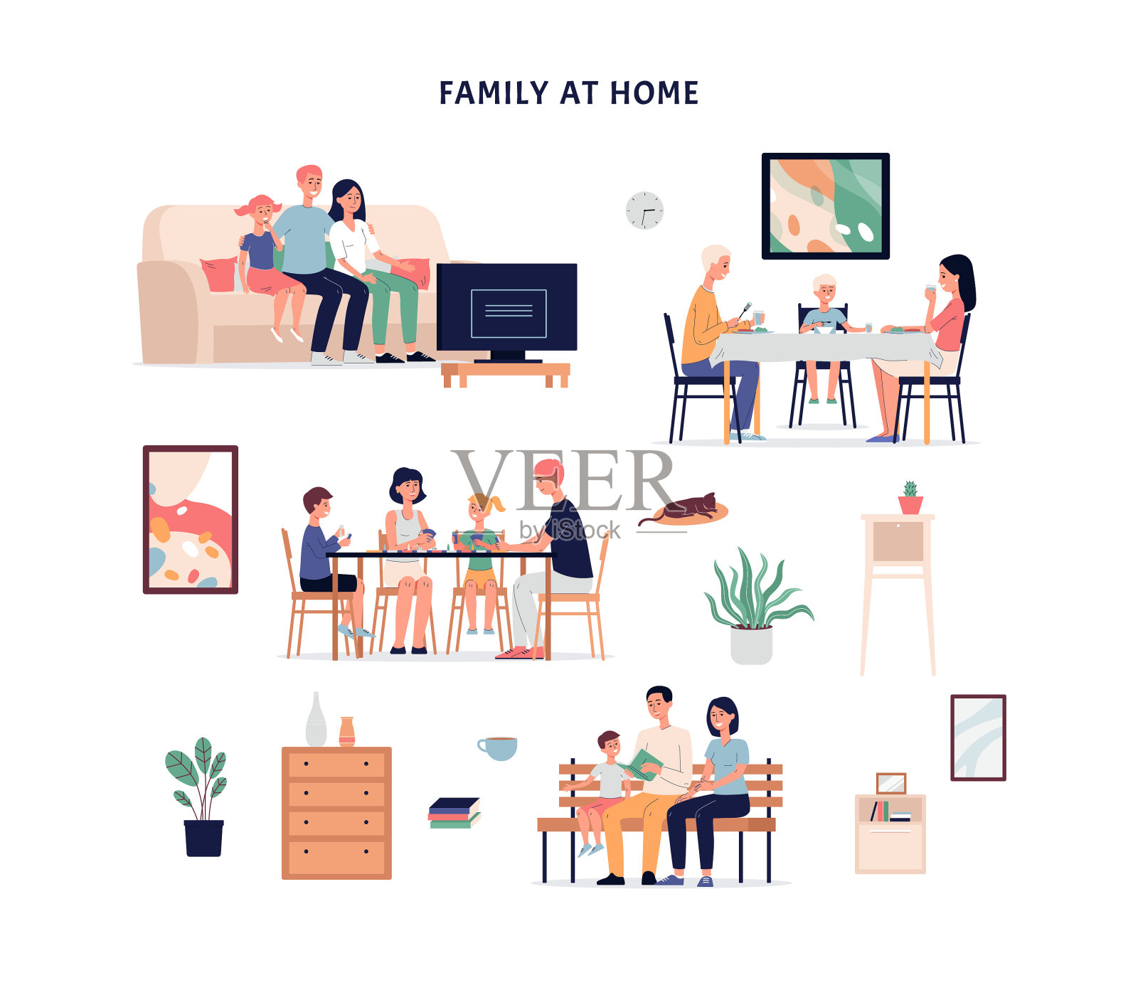 家庭角色设定在家里度过时间插画图片素材