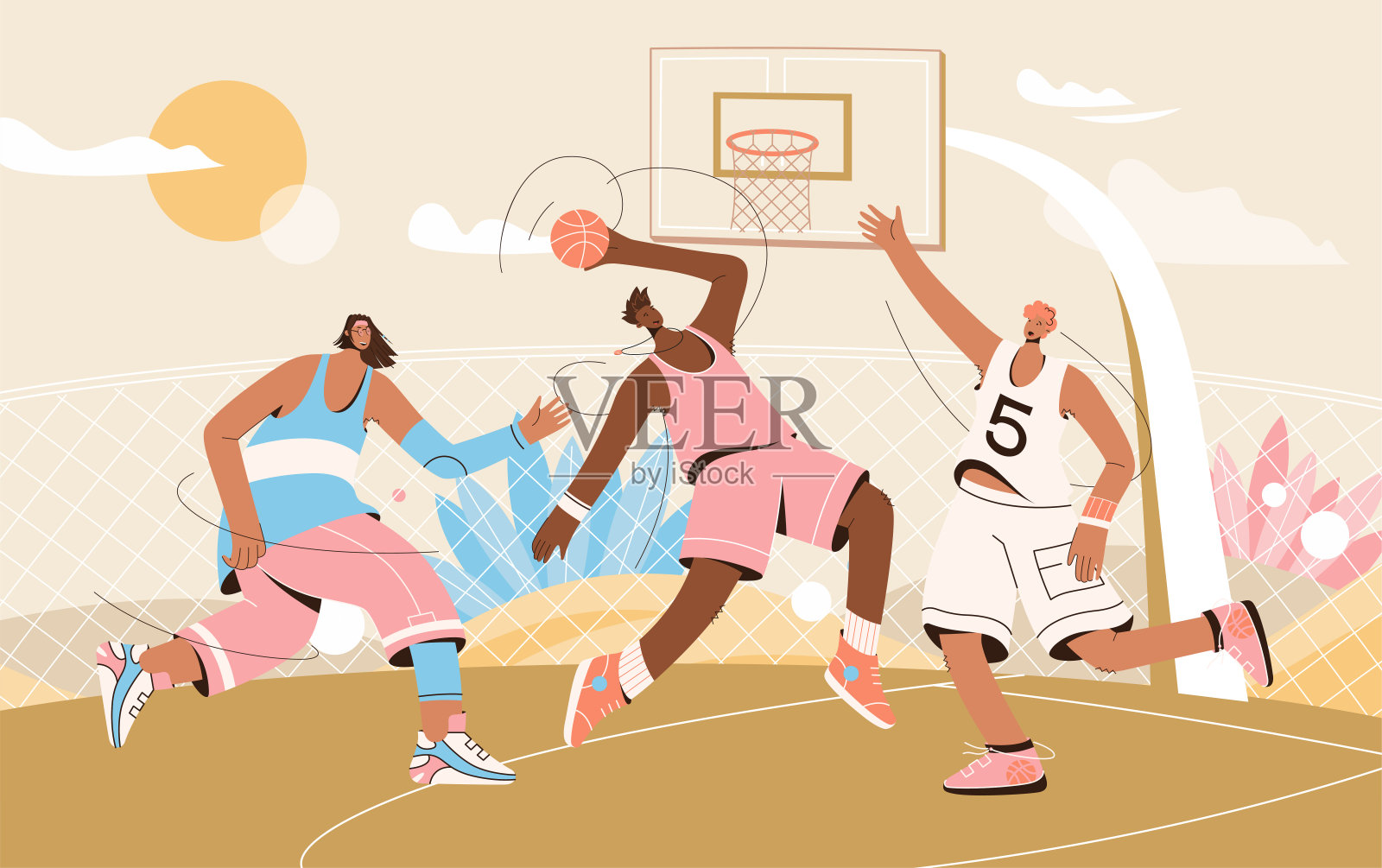 篮球队穿着制服在操场上打街球插画图片素材