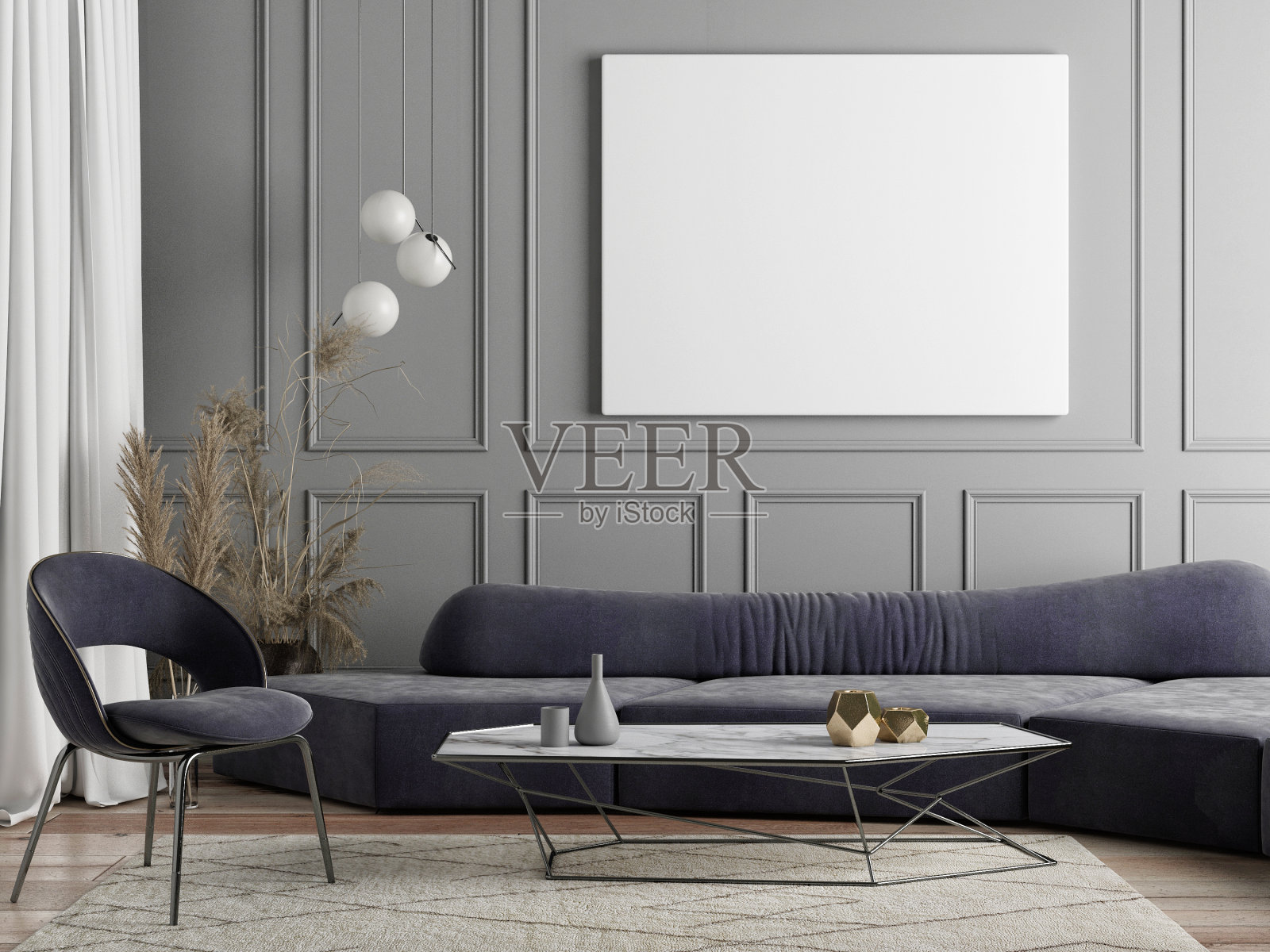 展示海报模型，客厅斯堪的纳维亚设计与家居装饰，灰色背景。照片摄影图片
