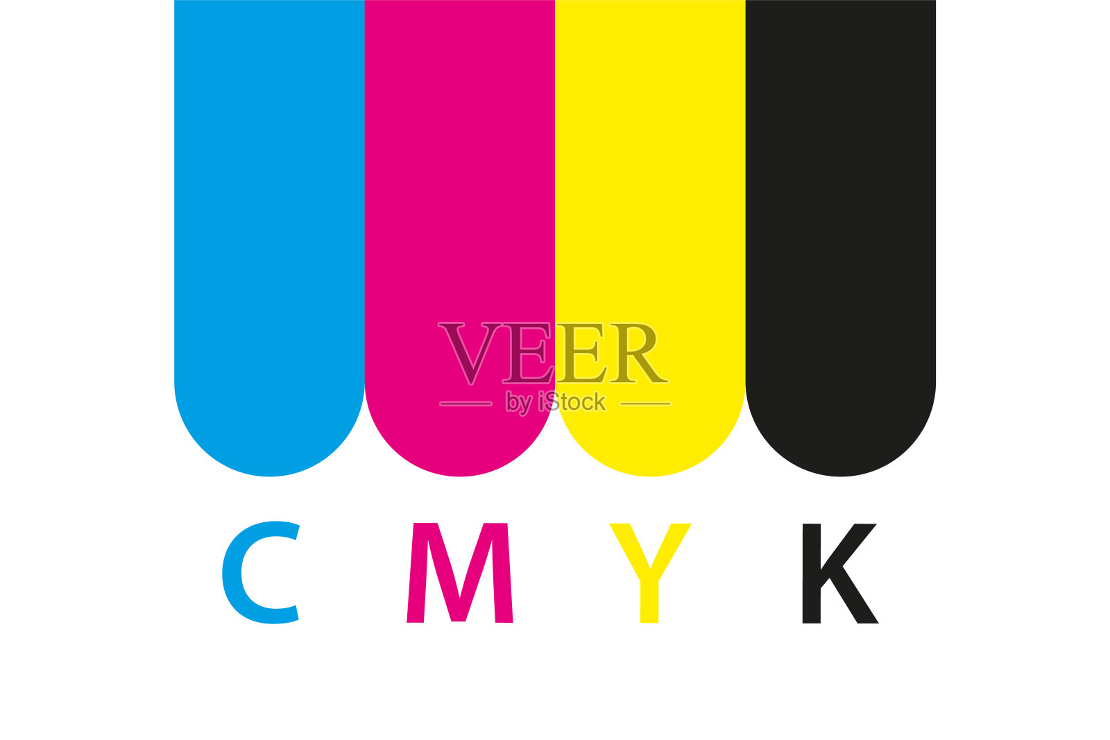 Cmyk打印图标。四个用cmyk颜色表示的圆圈。青色，洋红，黄色，键，黑色轮孤立在白色背景插画图片素材