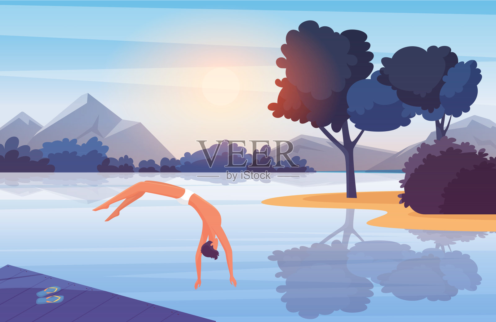 年轻人从木栈桥上纵身跳入湖中，夏季户外活动插画图片素材