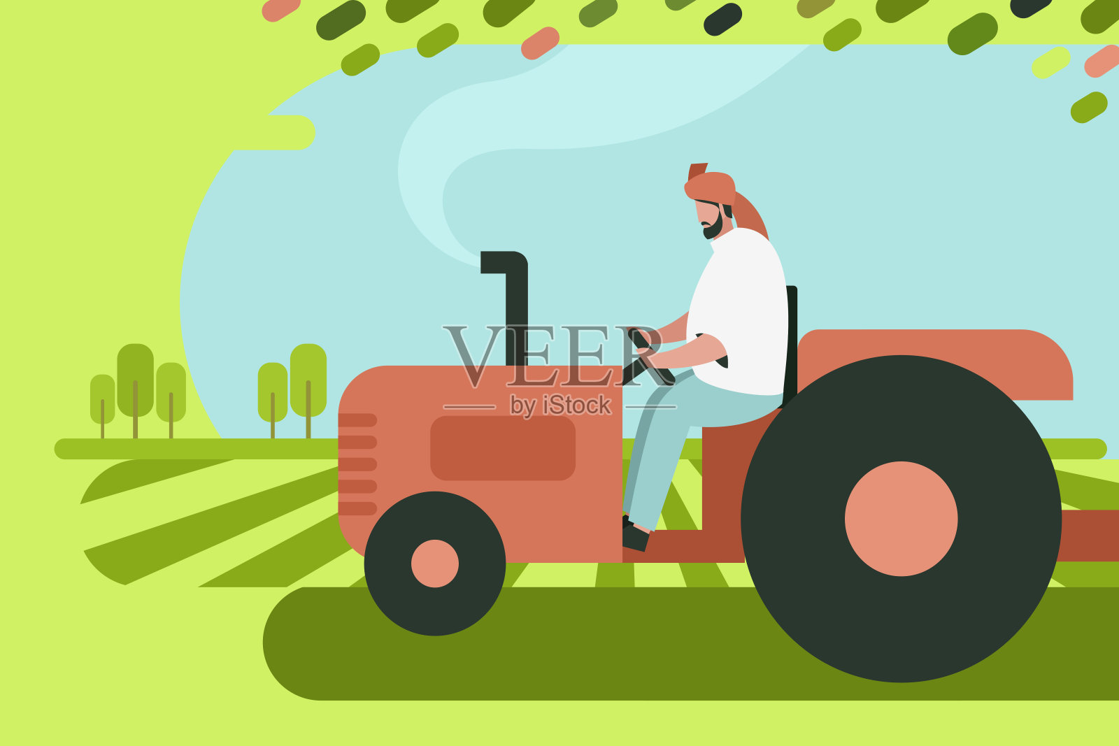 一位印度农民在田里开拖拉机插画图片素材