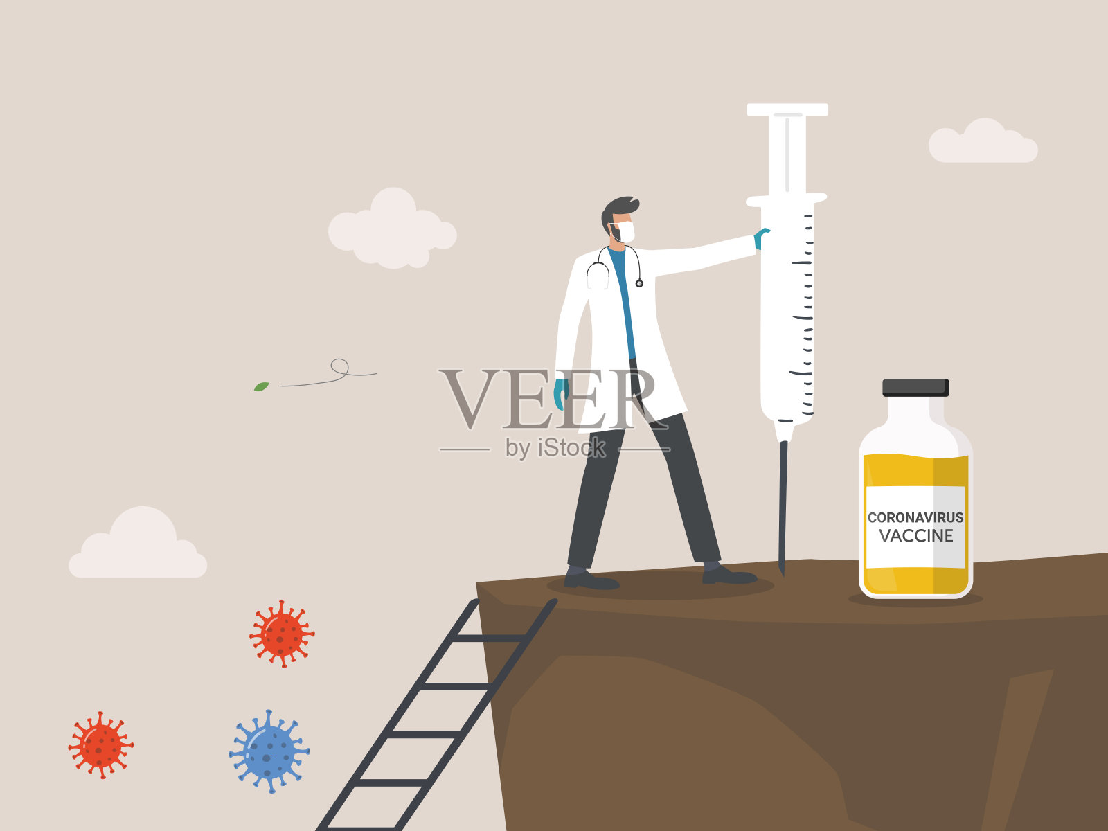 医生发现了冠状病毒疫苗，疫苗研发准备治疗，2021年健康快乐插画图片素材