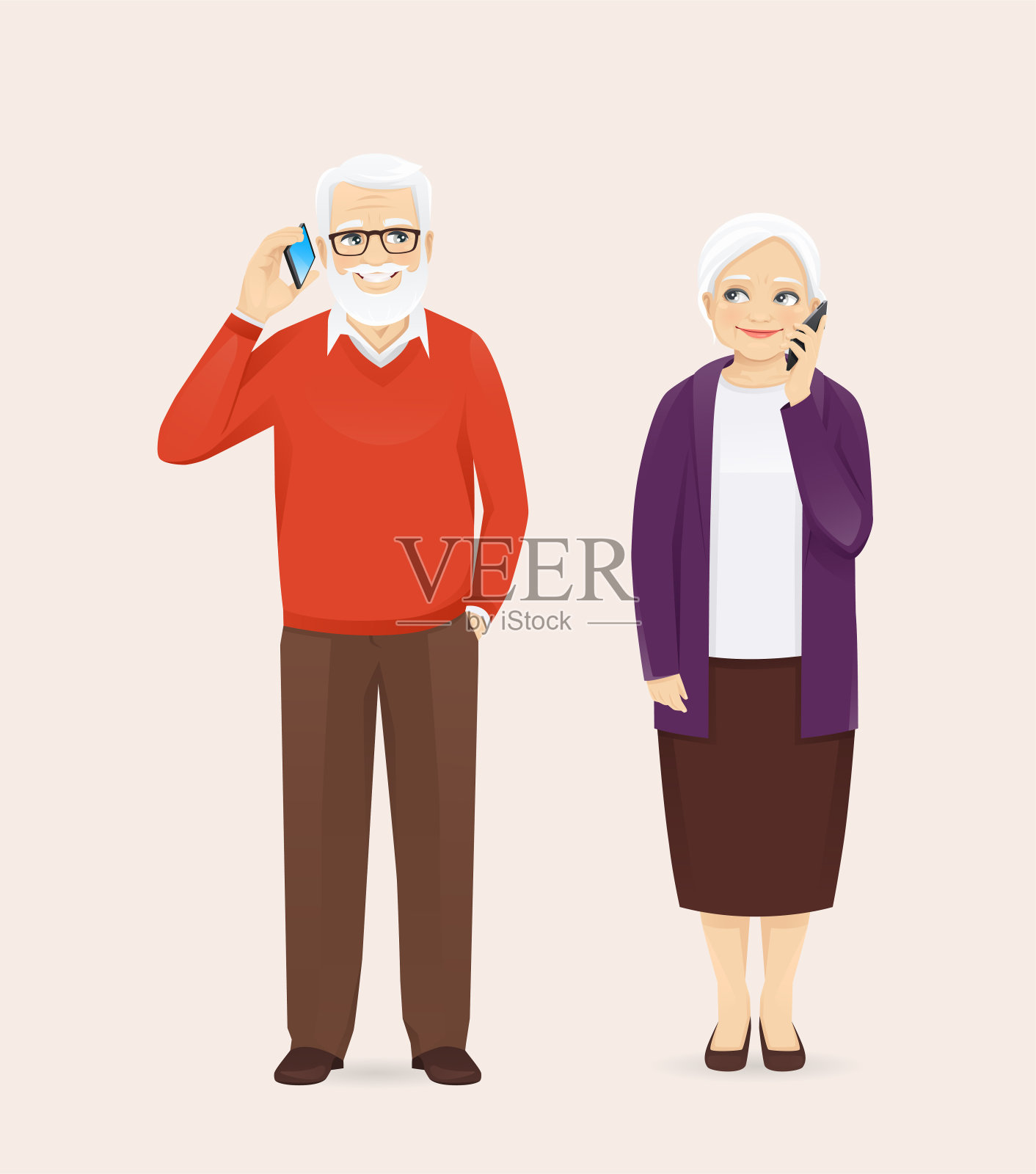 一对老年夫妇在打电话插画图片素材