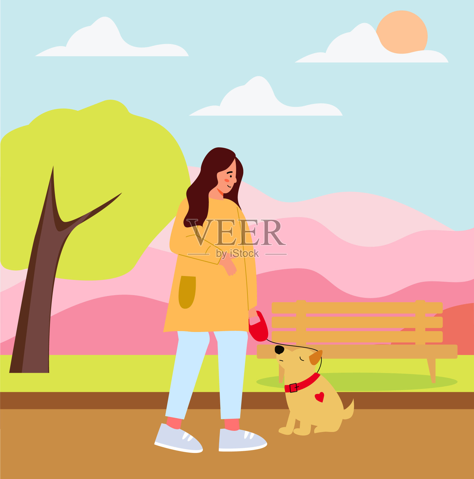 一个女孩带着一只狗在森林里的春天公园里散步，狗被拴着，宠物在散步。插画图片素材