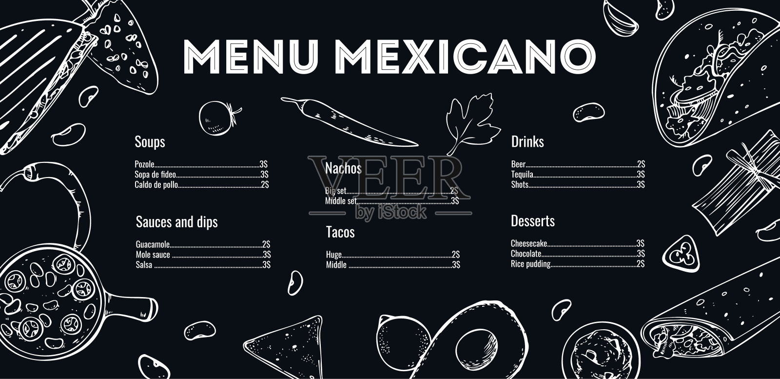 菜单墨西哥设计模板。菜肴列表和大纲插图。手绘矢量草图图形。白底黑字设计模板素材
