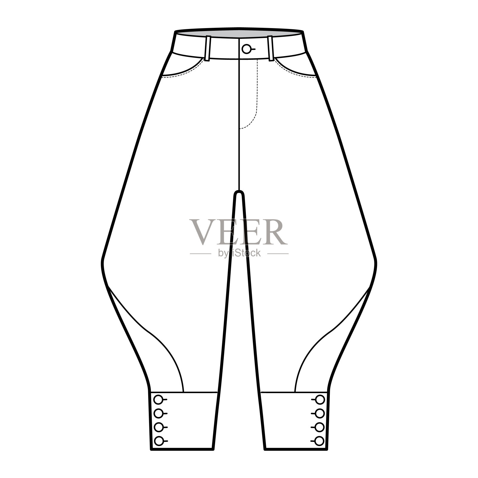 马裤短裤技术时尚插图与膝盖长度，低正常腰，高上升，弯曲口袋插画图片素材