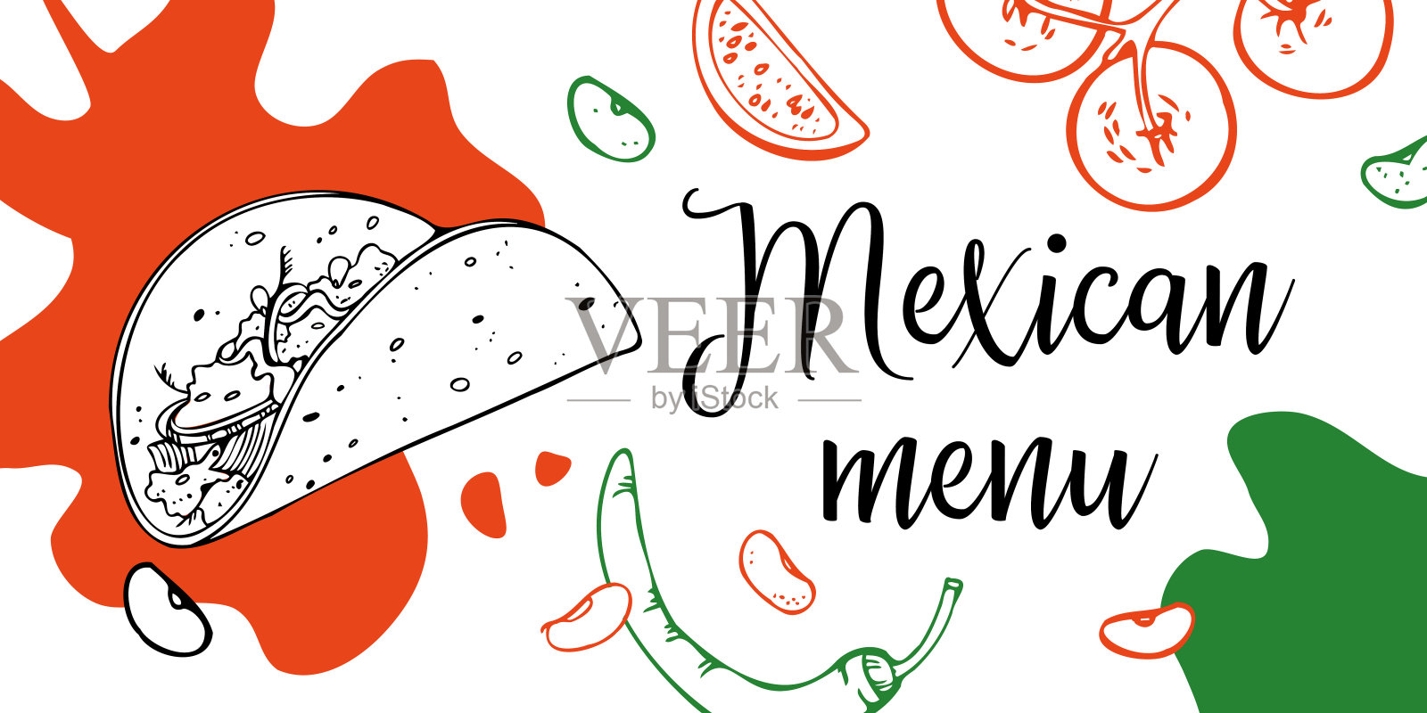 墨西哥菜单传单设计模板与玉米饼和蔬菜。手绘轮廓矢量草图插图插画图片素材