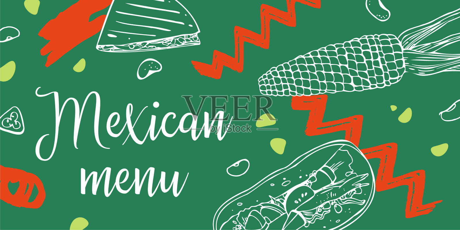 墨西哥菜单印刷设计模板。墨西哥薄饼，玉米卷和蔬菜。手绘轮廓矢量草图插图设计模板素材