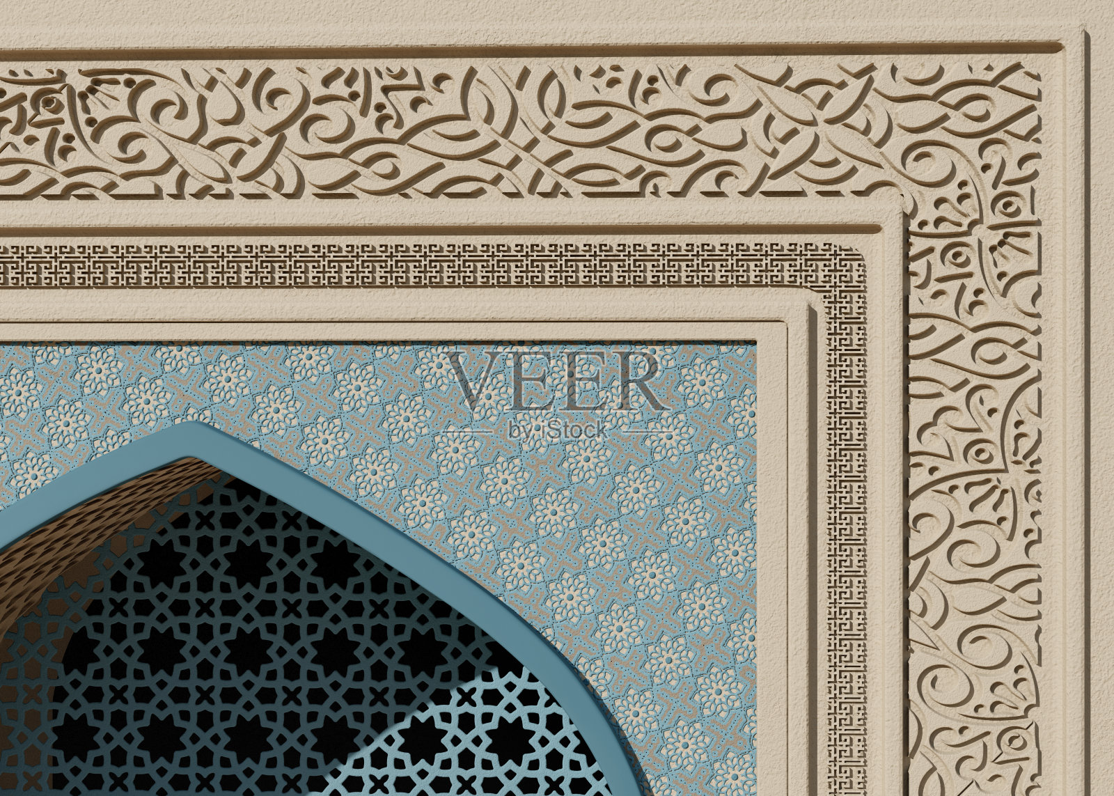 米色清真寺拱门碎片与蓝色花卉和几何图案，石雕和镂空窗照片摄影图片