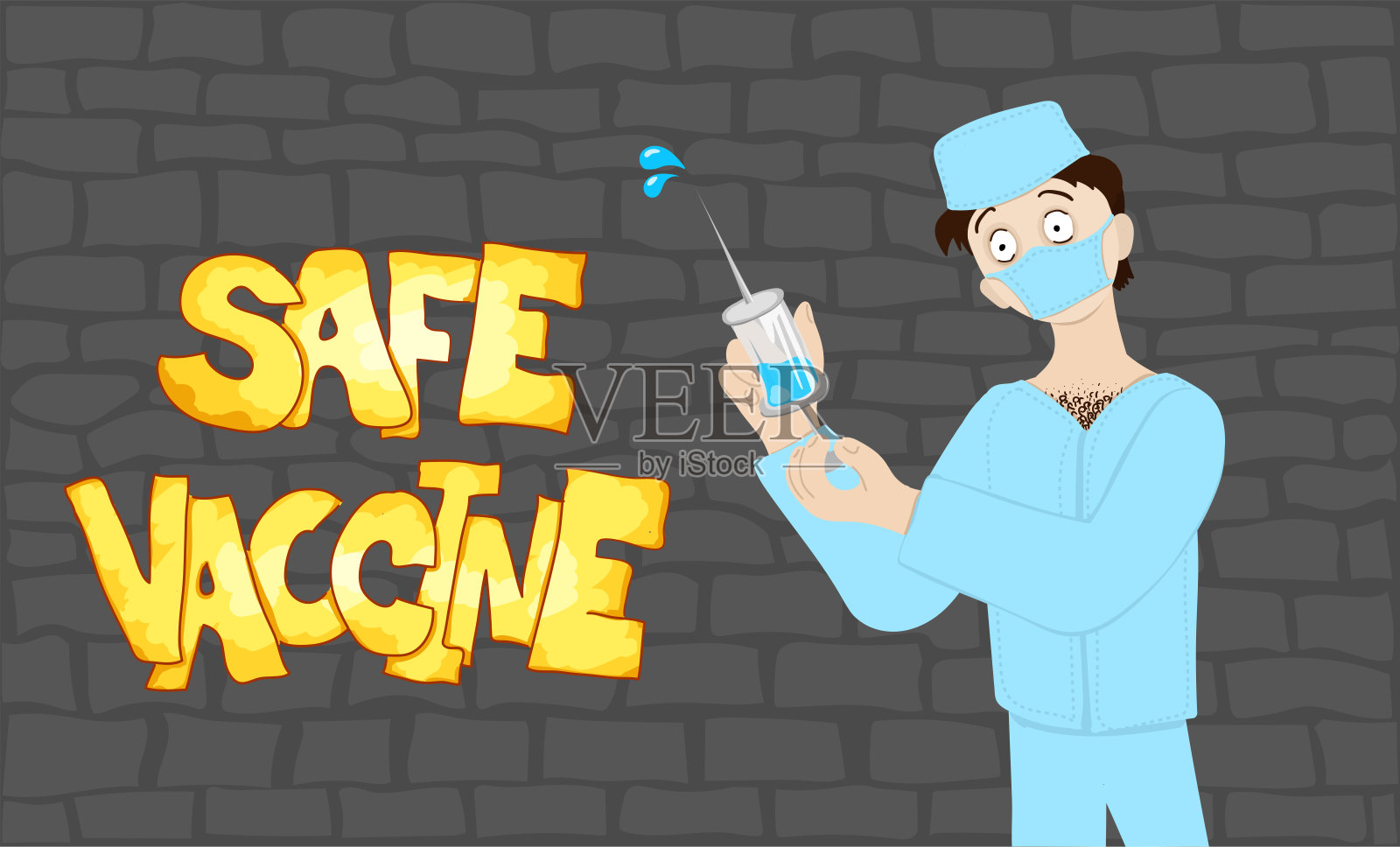 手写的文字“安全疫苗”和一个有趣的医生，灰色背景上的注射器。插画图片素材