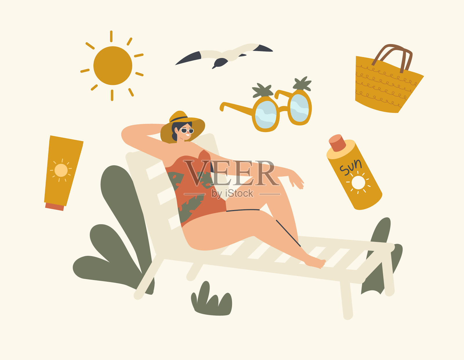 晒太阳的妇女懒洋洋地躺在躺椅上插画图片素材