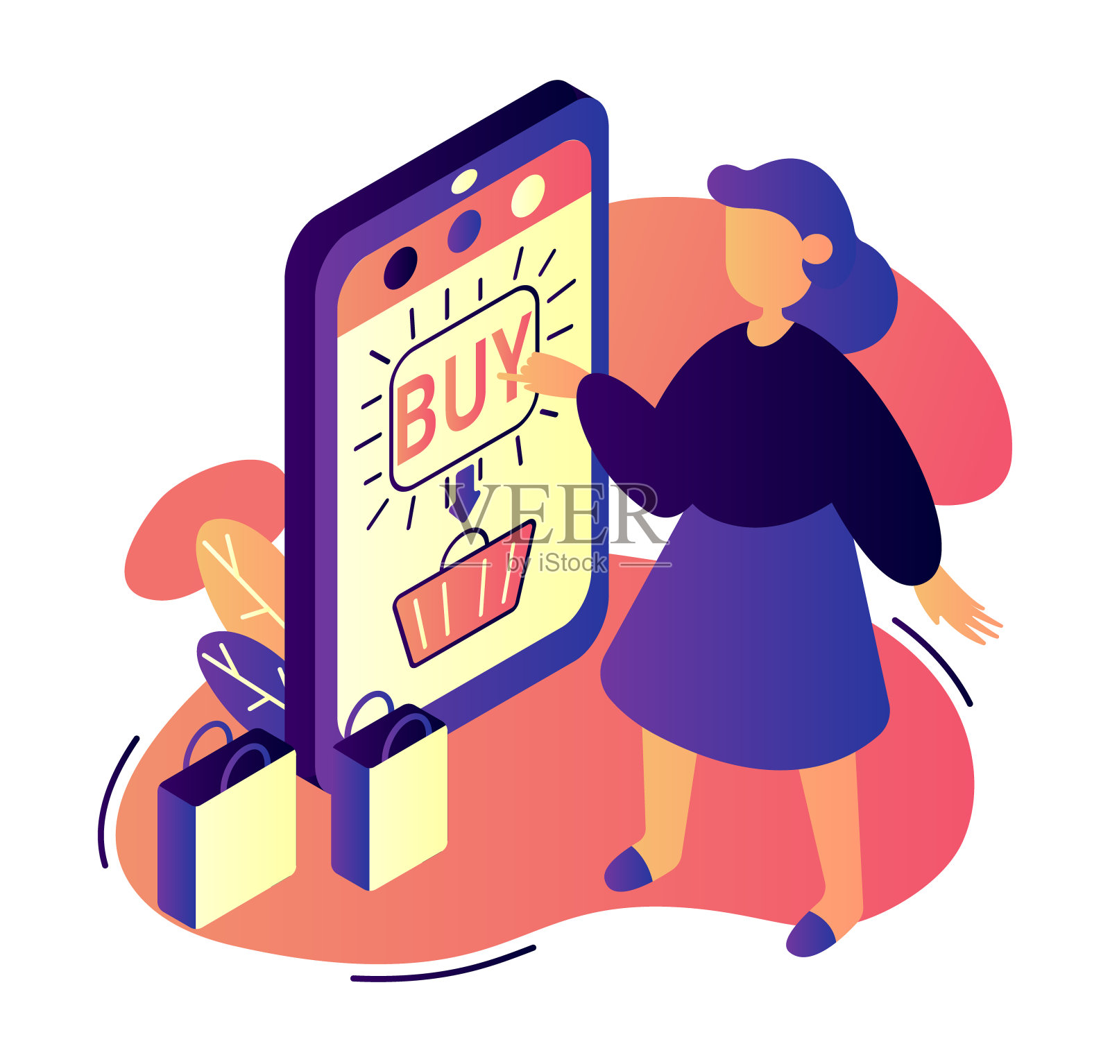 网上购物说明。一个女孩站在一个大屏幕的智能手机旁，点击“购买”按钮插画图片素材