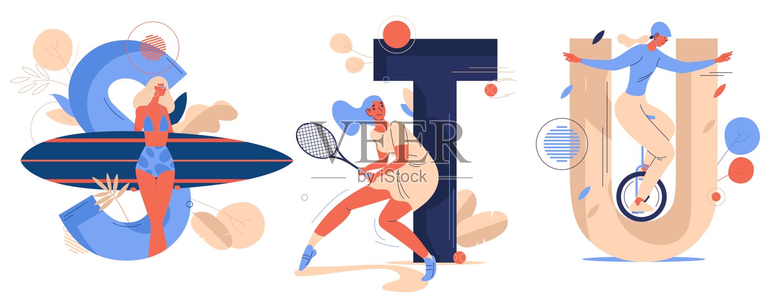 体育信件与训练妇女微笑。英文字母S代表冲浪，T代表网球，U代表独轮车。概念插图绘制在蓝色和橙色卡通风格。插画图片素材