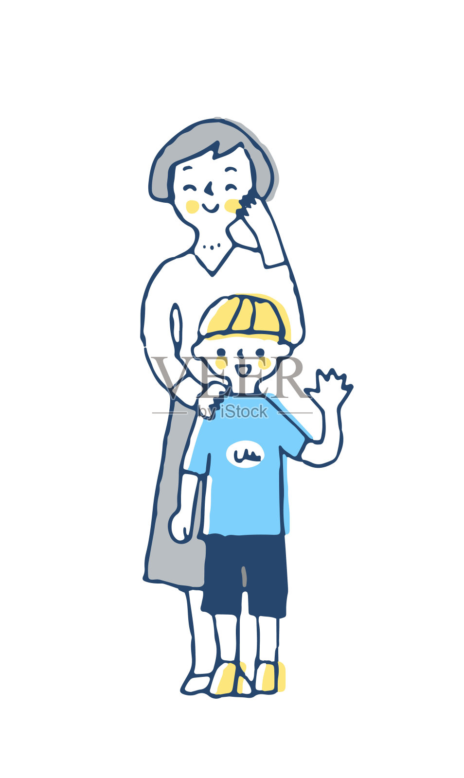 一个男孩和微笑的妈妈在挥手插画图片素材