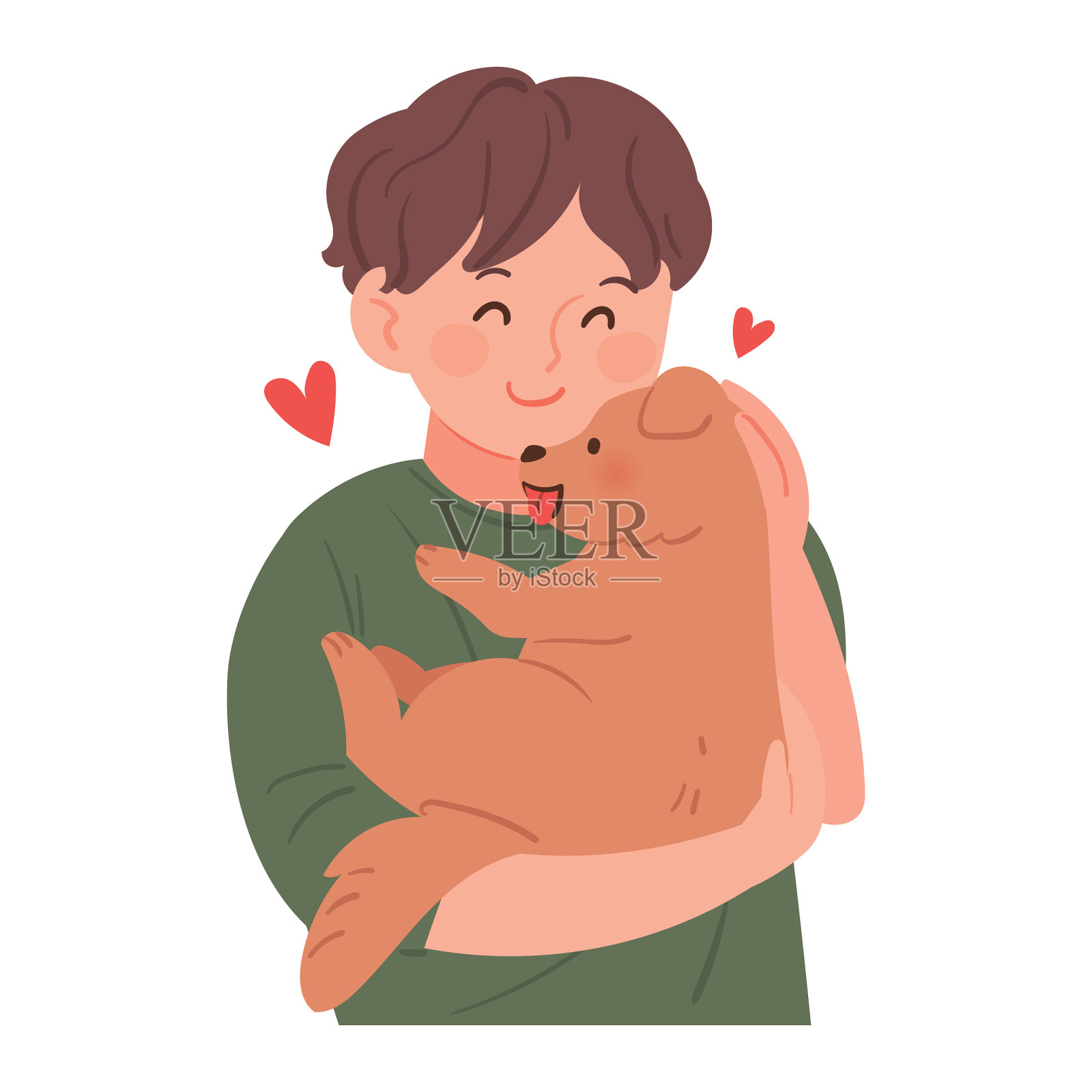 一个小男孩抱着一只小狗，脸上露出快乐的表情。插画图片素材