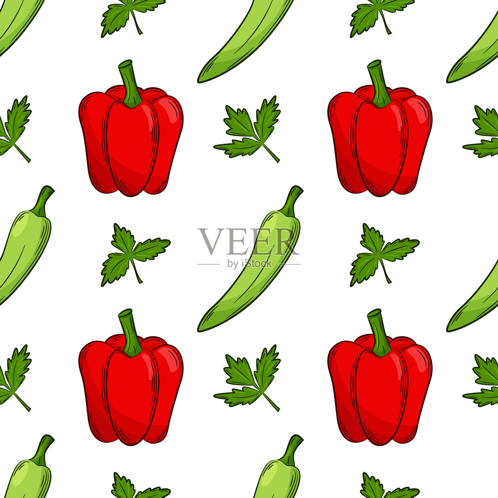 辣椒和欧芹的无缝搭配。明亮多汁的夏季蔬菜图案。线性风格中的色彩元素是孤立的。用于厨房配件及食品包装的设计插画图片素材