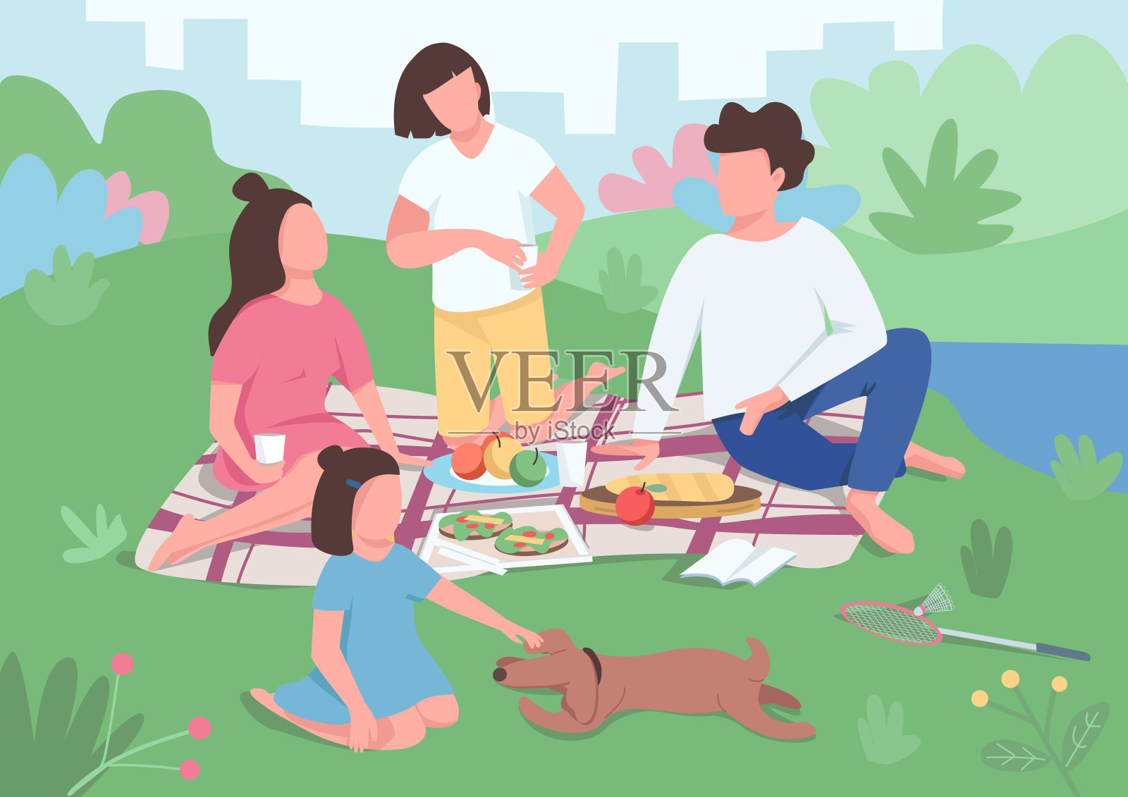 家庭野餐平面颜色矢量插图。带着孩子的父母在公园里吃晚饭。妈妈和爸爸坐在毯子上。孩子和狗玩。亲戚2D卡通人物与室内背景插画图片素材