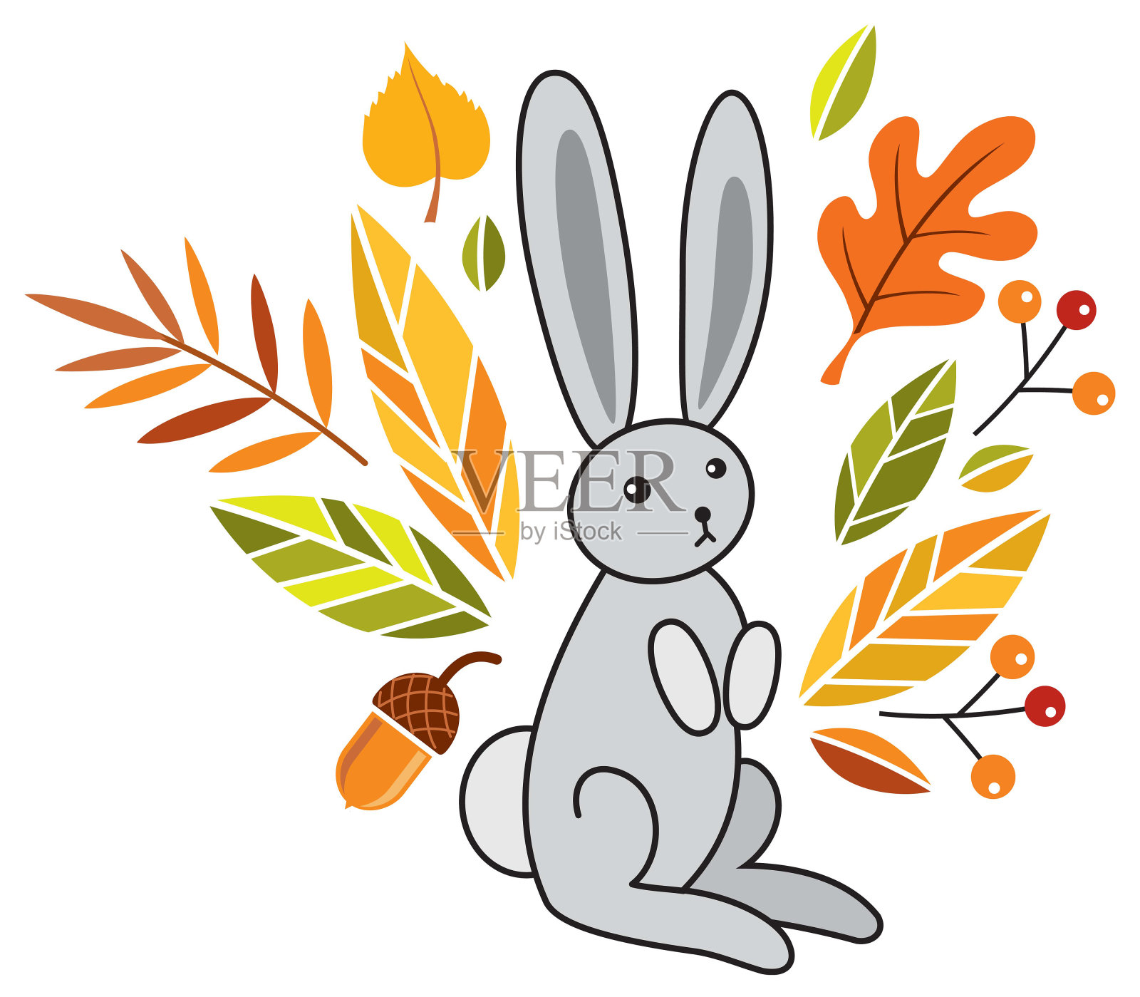 可爱的小兔子，秋天的树叶，浆果。对儿童插图。理想的布料，封面，海报设计元素图片