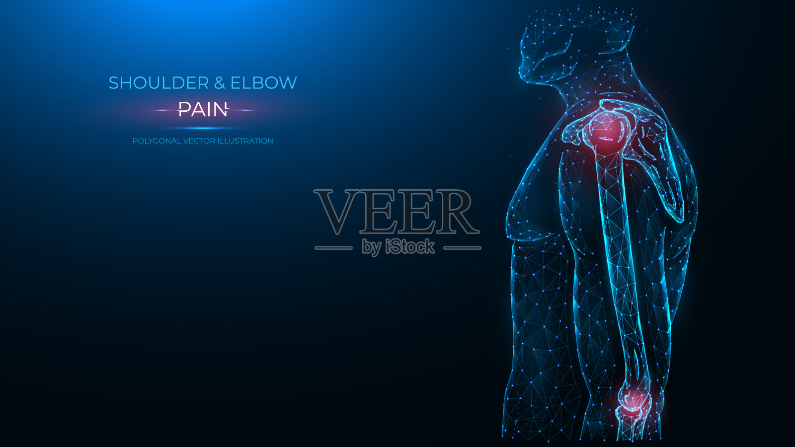 人体解剖模型。疼痛，损伤和炎症的肩膀和肘关节侧视图多边形插图上的蓝色背景。关节疼痛的概念插画图片素材