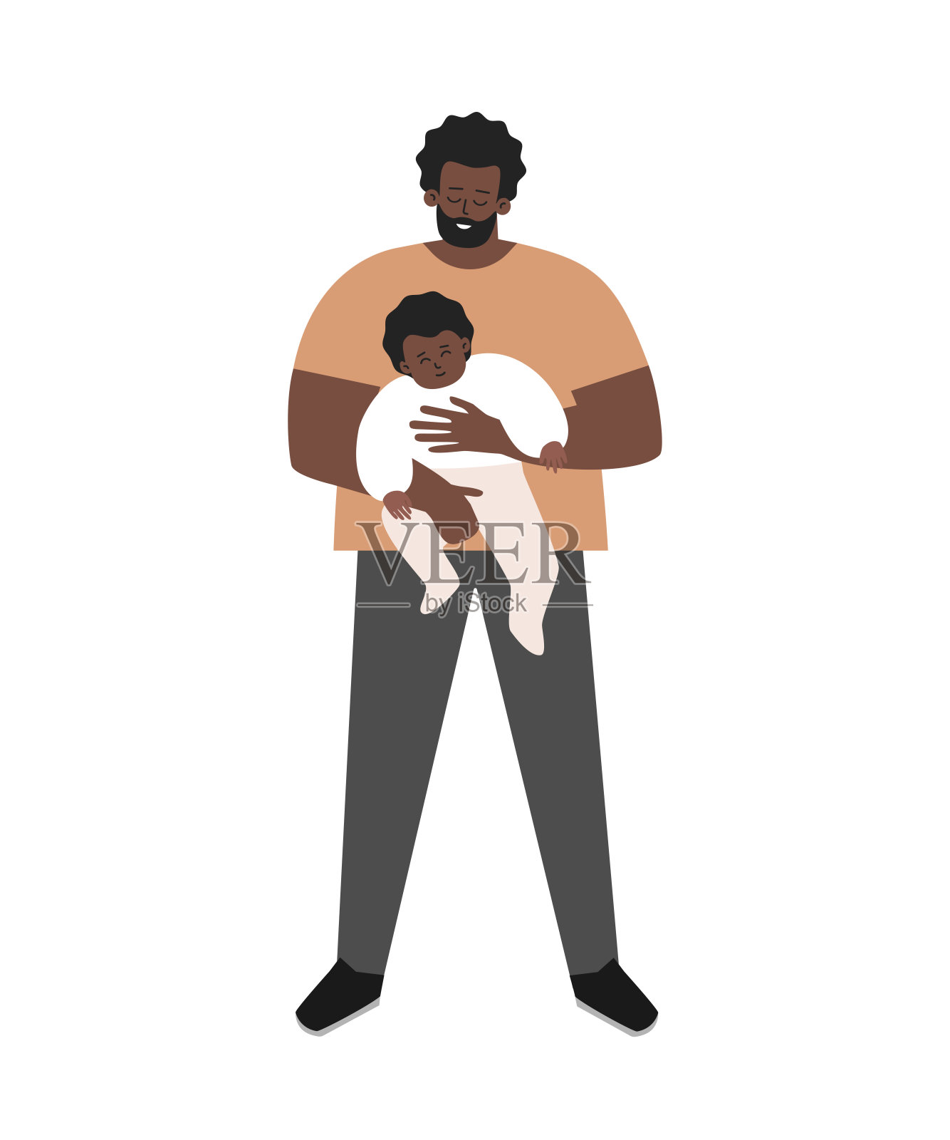 矢量孤立的平面插图。非裔美国单身父亲微笑着，怀里抱着可爱的小养子。快乐的爸爸表达了父母对宝宝的爱和关心插画图片素材