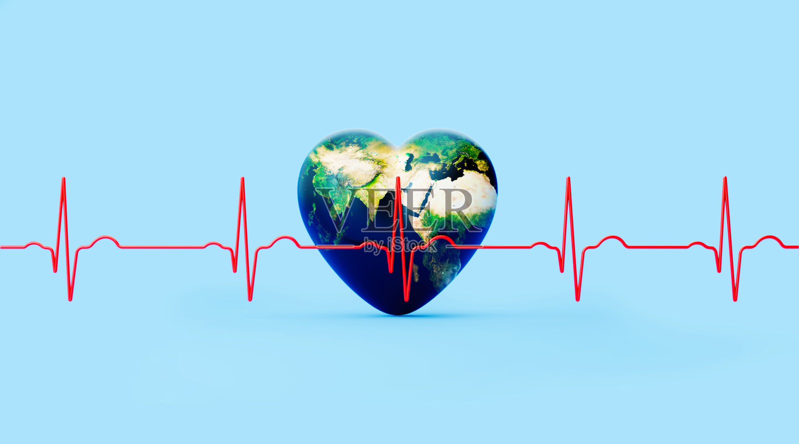 医疗保健和医学概念-心脏脉搏形状的红线在心脏形状纹理与世界地图在蓝色背景上照片摄影图片