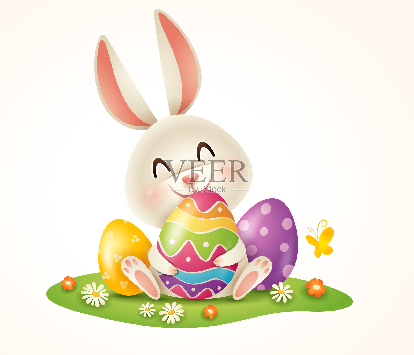 复活节兔子和复活节彩蛋在草地上。孤立。插画图片素材