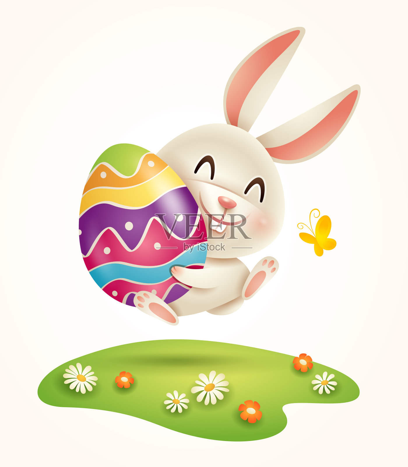 复活节兔子和复活节在草地上画彩蛋。孤立。插画图片素材